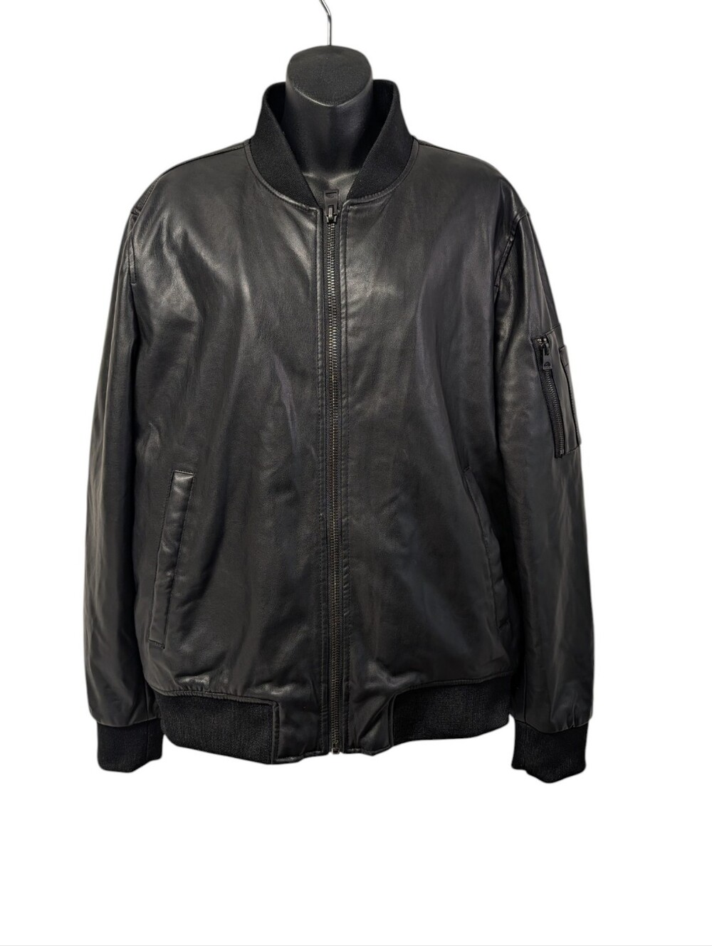 Guess Men's Size Large Black Faux Leather Bomber Jacket Red Quilted Lining